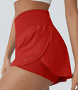 SoftlyZero™ QuickDry High Waisted Tummy Control Reflective Dots Crossover Hem 2-in-1 Running Shorts 3'' with Pockets - Valiant Poppy