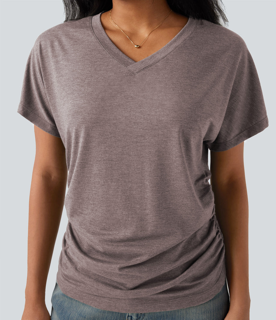 V-neck Short Sleeve Ruched Relaxed Casual Top - Deep Tea Brown Floral Yarn