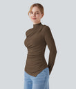 Mock-neck Long Sleeve Ruched Asymmetric Hem Thermal Casual Top - Dark Earth