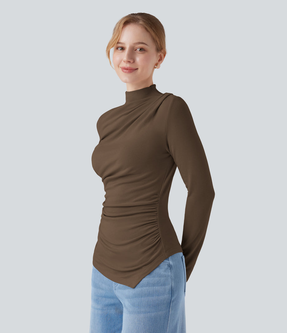 Mock-neck Long Sleeve Ruched Asymmetric Hem Thermal Casual Top - Dark Earth
