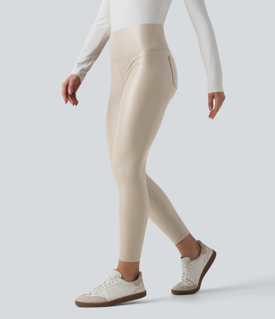 High Waisted Tummy Control Stretchy PU Fleece 7/8 Skinny Casual Leggings with Pockets - French Oak