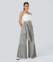Breezeful™ High Waisted Shirred Tie Front & Back Wide Leg Flowy Quick Dry Casual Pants - Ghost Gray