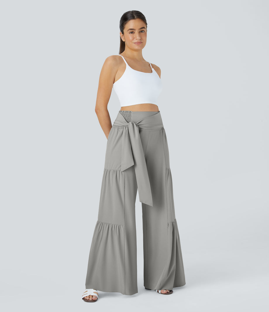 Breezeful™ High Waisted Shirred Tie Front & Back Wide Leg Flowy Quick Dry Casual Pants - Ghost Gray