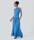 Ribbed Boat Neck Asymmetric Strap Ruched Pocket Flowy Maxi Casual Dress - Clear Sunny Blue