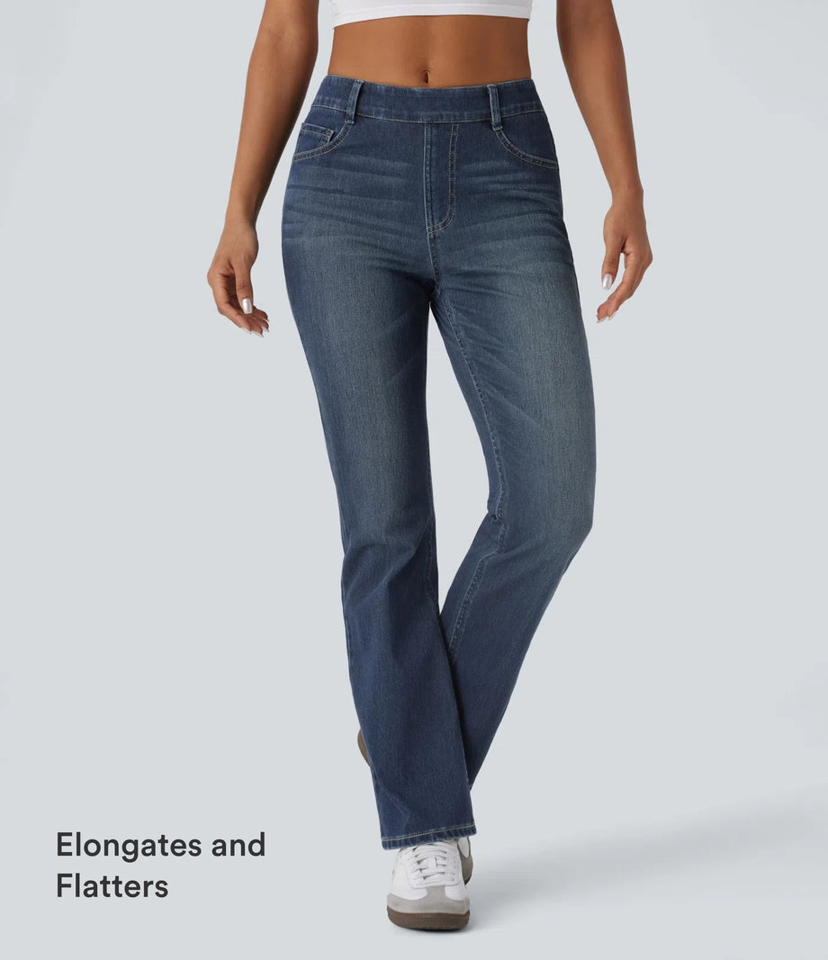Halara Flex™ High Waisted Pockets Washed Casual Bootcut Jeans - Distressed Denim Dark Blue
