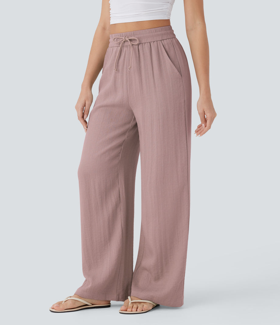 High Waisted Drawstring Pocket Wide Leg Baggy Casual Linen-Feel Pants - Deauville Mauve