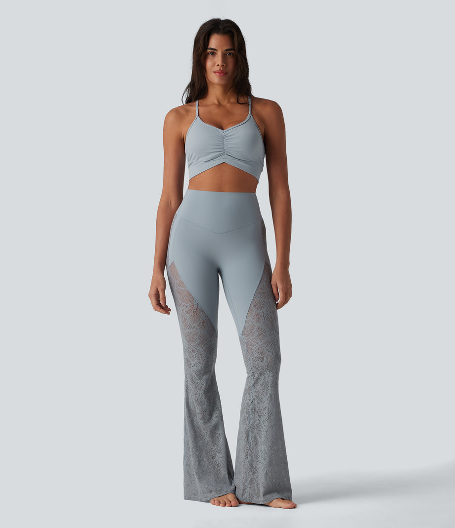 Halara UltraSculpt™ High Waisted Tummy Control Contrast Lace Yoga Flare Leggings with Pocket - Blue Flower Gray