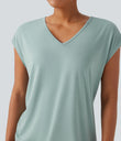 V Neck Short Sleeve Casual T-Shirt - Blue Surf