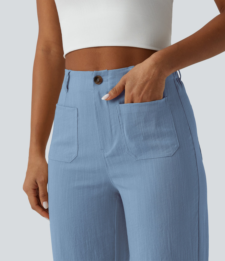 High Waisted Straight Leg Casual Linen-Feel Pants with Pockets - Azure Mist Blue