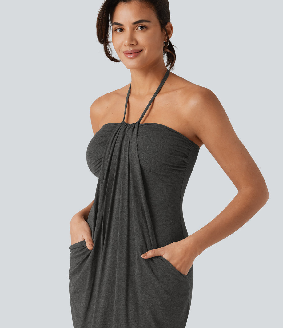 Halter Tie Back Mini Resort Dress with Pockets - Darl Gray Floral Yarn