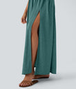 Twisted Backless Split Flowy Maxi Resort Dress with Pockets - Jade Green Floral Yarn