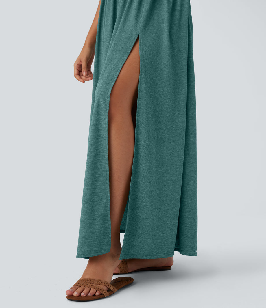 Twisted Backless Split Flowy Maxi Resort Dress with Pockets - Jade Green Floral Yarn