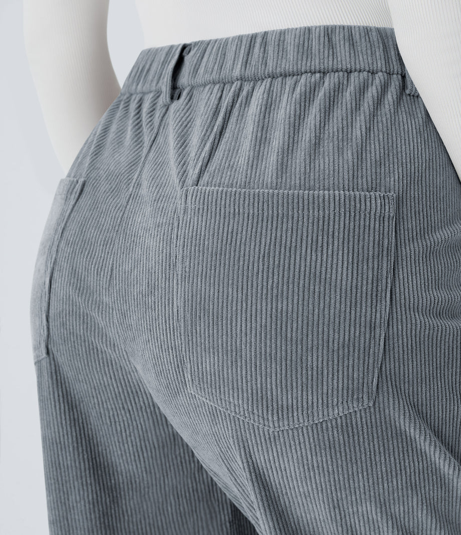 Mid Rise Zipper Pockets Corduroy Casual Joggers - Blue Flower Gray