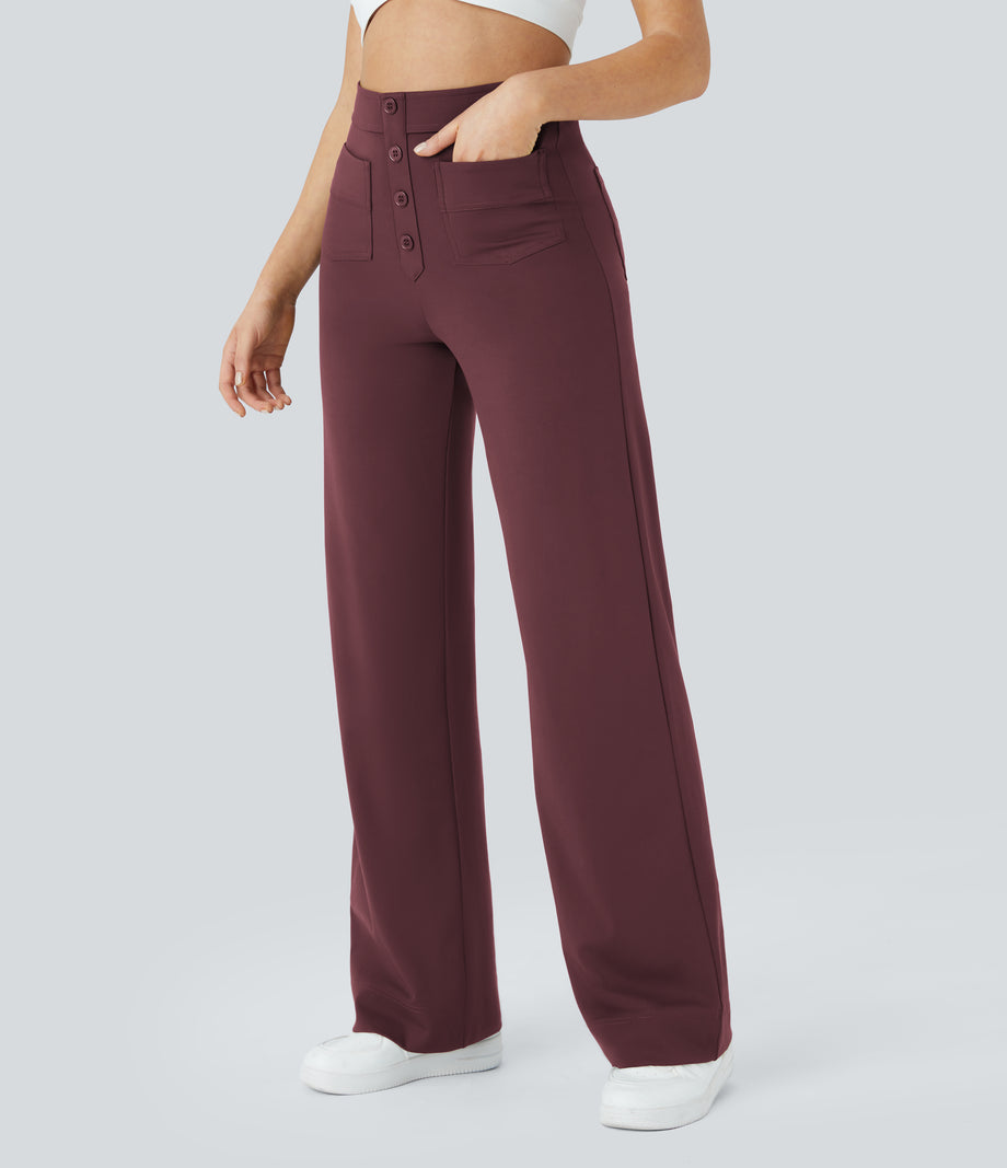 DayStretch High Waisted Pockets Straight Leg Casual Pants - Red Mahogany