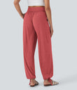 Crossover High Waisted Pocket Drawstring Casual Joggers - Poinsettia Floral Yarn