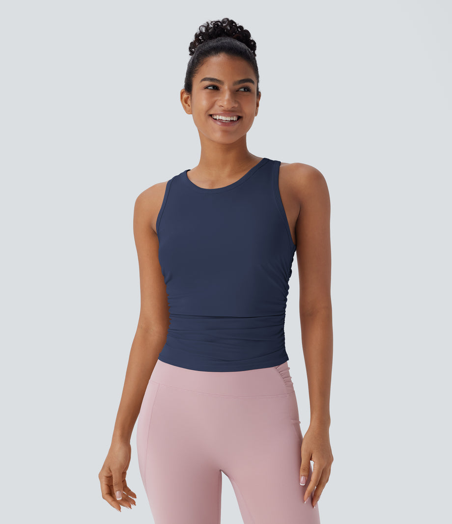 Round Neck Racerback Ruched Yoga Tank Top - Spellbound