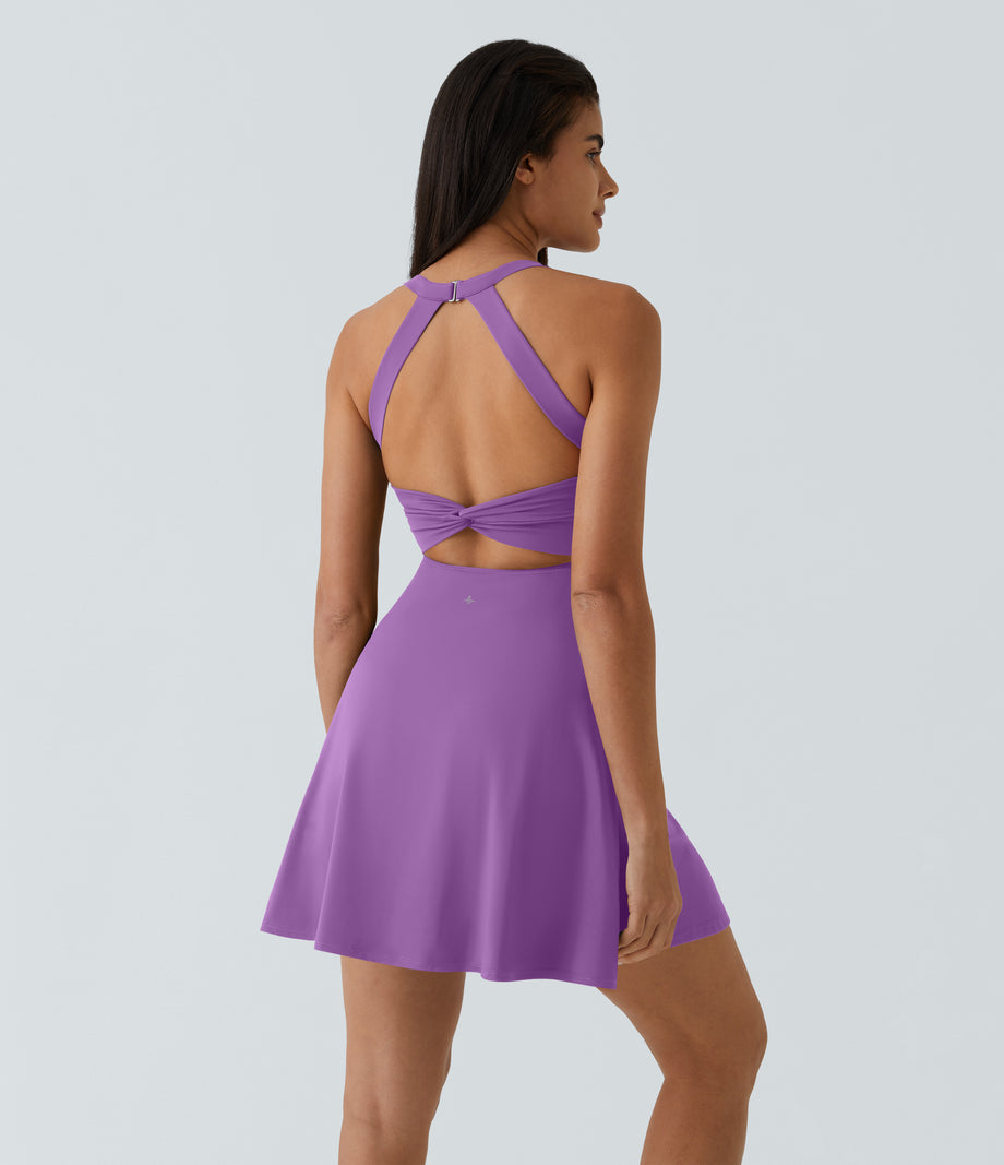 SoftlyZero™ Airy Backless Twisted Flare Low Support Dance Active Dress-Longer Length-Easy Peezy Edition A-D Cups - Dewberry