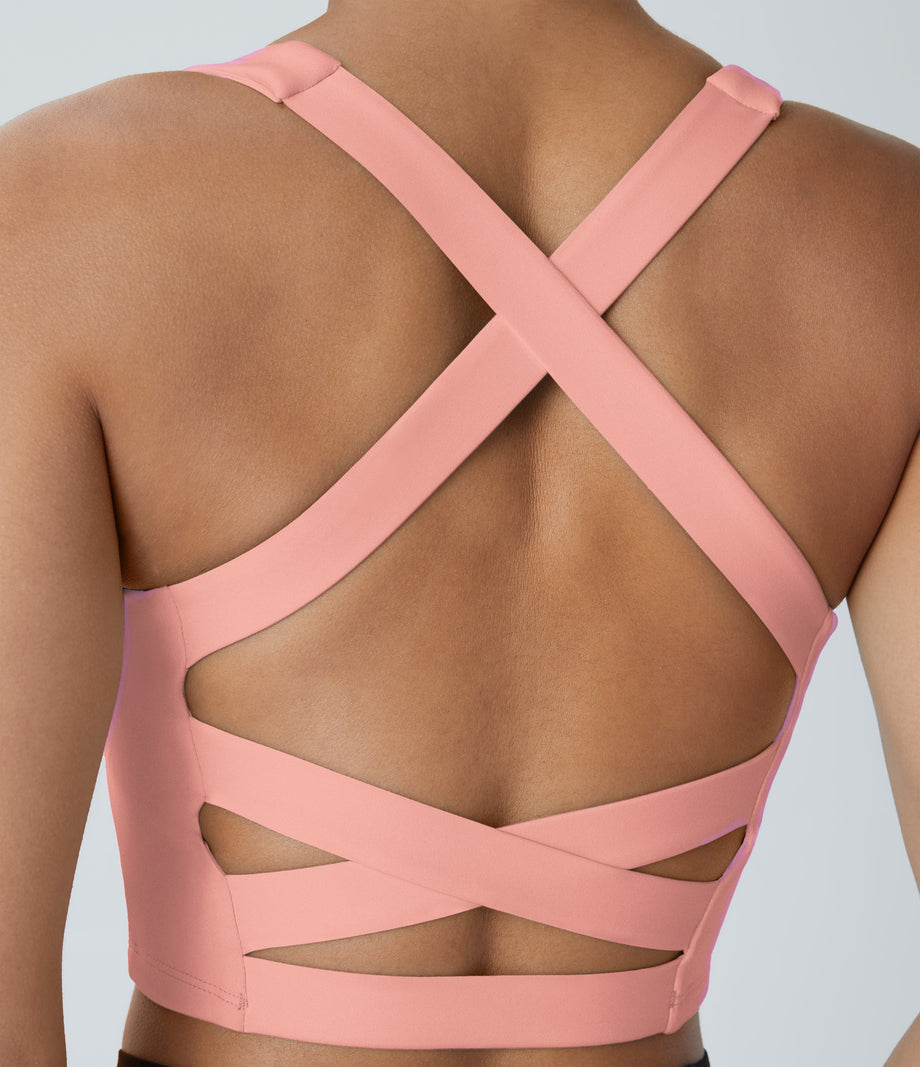 SoftlyZero™ Airy Square Neck Backless Crisscross Cropped Cool Touch Yoga Tank Top-UPF50+ - Peach Melba