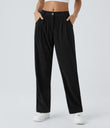 Mid Rise Zipper Pocket Corduroy Casual Pants - Black