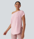 One Shoulder Short Sleeve Curved Hem High Low Quick Dry Yoga Sports Top - Pale Lilac