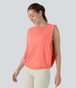 Round Neck Ruched Cool Touch Yoga Tank Top-UPF50+ - Fusion Coral