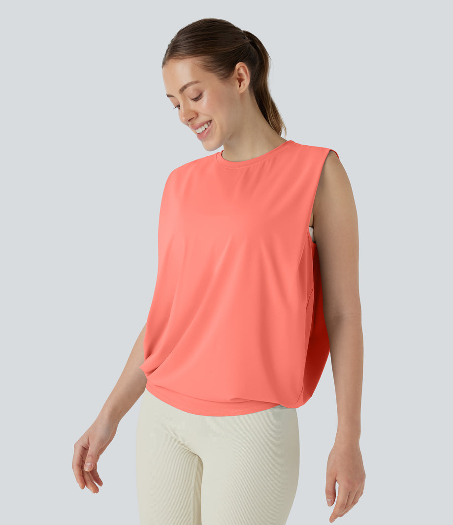 Round Neck Ruched Cool Touch Yoga Tank Top-UPF50+ - Fusion Coral