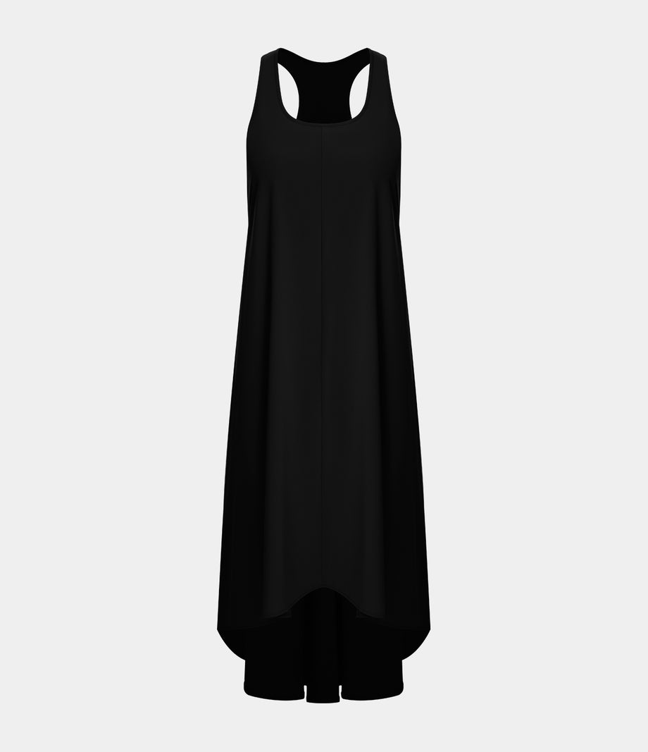Breezeful™ Backless Racerback Side Pocket High Low Flowy Midi Quick Dry Casual Dress - Black