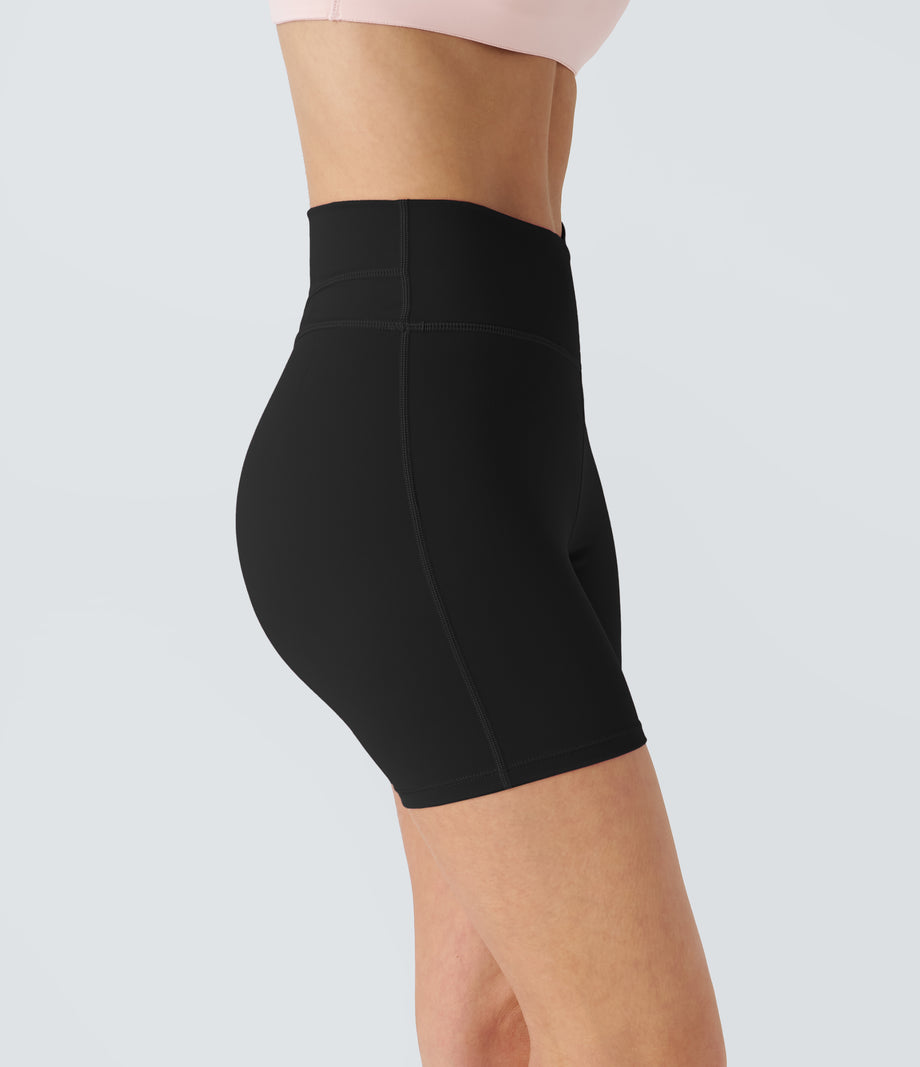 SoftlyZero™ Plush High Waisted Crossover Ruched Yoga Shorts 5'' - Black