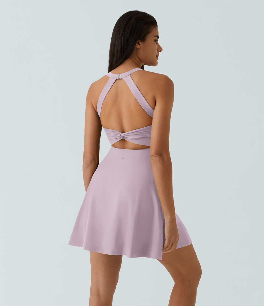 SoftlyZero™ Airy Backless Twisted Flare Low Support Dance Active Dress-Longer Length-Easy Peezy Edition A-D Cups - Pink Purple