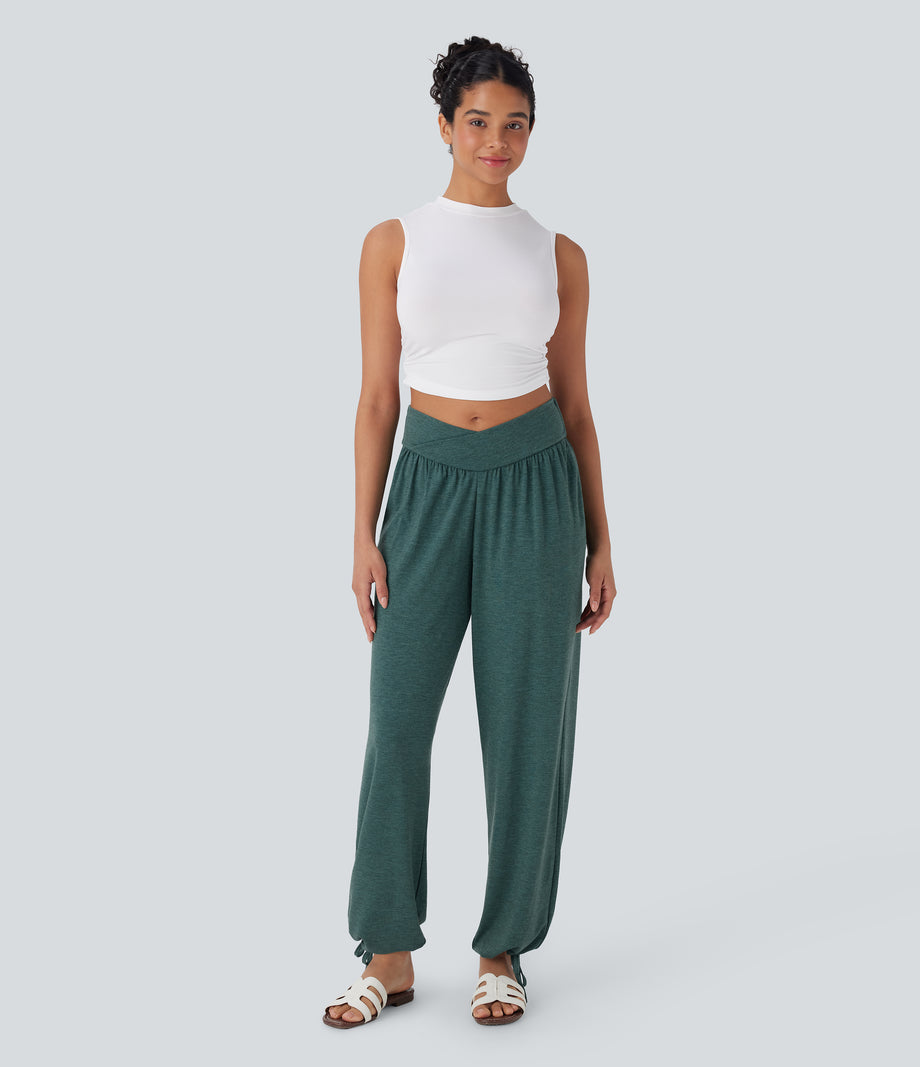 Crossover High Waisted Pocket Drawstring Casual Joggers - Jade Green Floral Yarn