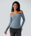 Ribbed Knit Off Shoulder Long Sleeve 2-in-1 Casual Top - Dusty Blue