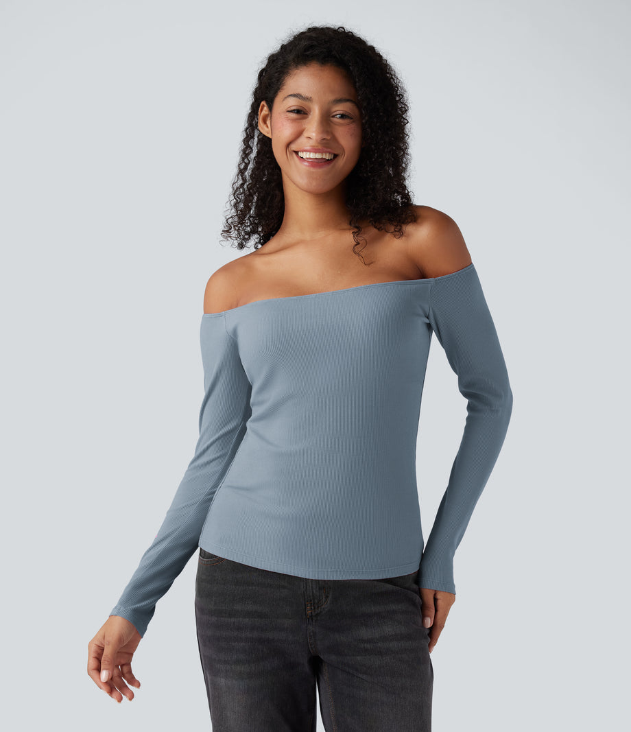 Ribbed Knit Off Shoulder Long Sleeve 2-in-1 Casual Top - Dusty Blue