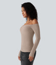 Ribbed Knit Off Shoulder Long Sleeve 2-in-1 Casual Top - Light Taupe