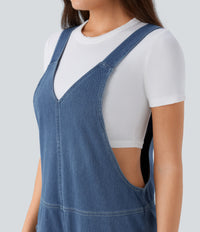 Halara Flex™ V Neck Pocket Washed Denim Casual Overalls - Light Floral Blue Denim