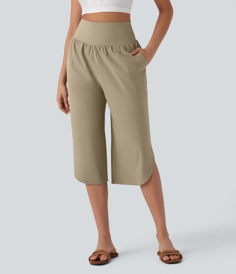 Breezeful™ High Waisted Tummy Control Hem Quick Dry Capri Pants with Pockets - Fields of Rye