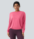 Round Neck Long Sleeve Ruched Yoga Sports Top-UPF50+ - Pink Lemonade
