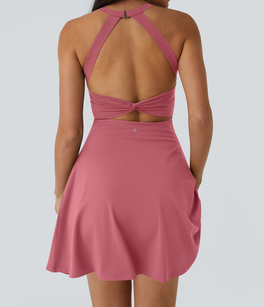SoftlyZero™ Airy Backless Twisted Flare Low Support Dance Active Dress-Longer Length-Easy Peezy Edition A-D Cups - Begonia Rouge