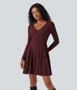 Ribbed Knit V Neck Long Sleeve Flare Mini Casual Dress with Pockets - Wine Red Floral Yarn