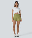 SoftlyZero™ QuickDry High Waisted Tummy Control Reflective Dots Crossover Hem 2-in-1 Running Shorts 3'' with Pockets - Moss