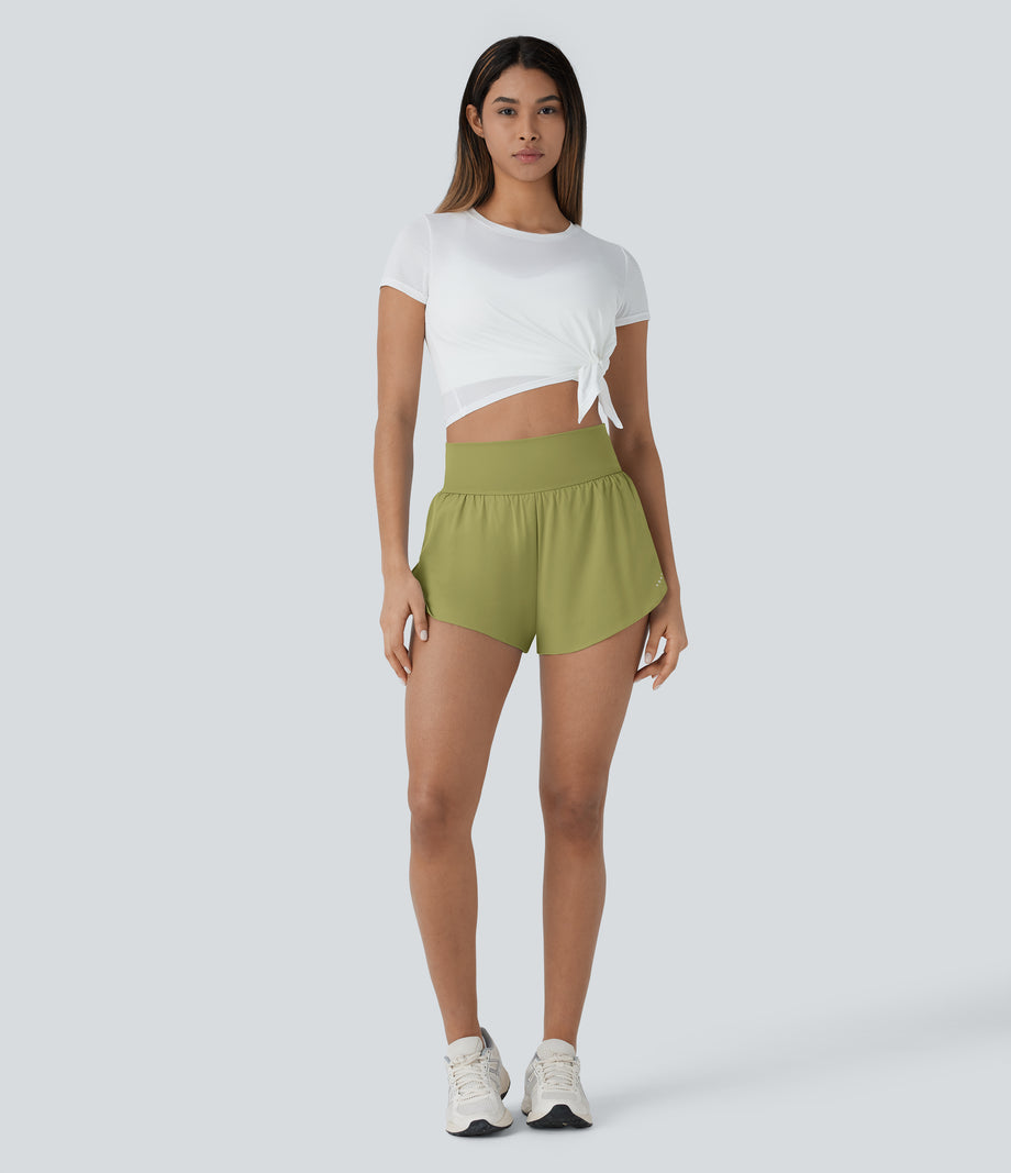 SoftlyZero™ QuickDry High Waisted Tummy Control Reflective Dots Crossover Hem 2-in-1 Running Shorts 3'' with Pockets - Moss