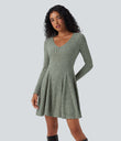 Ribbed Knit V Neck Long Sleeve Flare Mini Casual Dress with Pockets - Wrought Iron