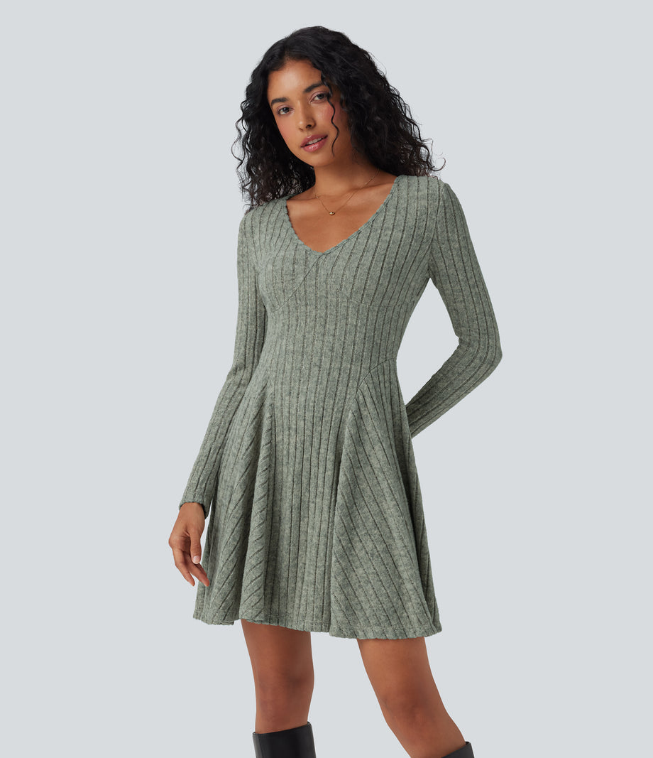 Ribbed Knit V Neck Long Sleeve Flare Mini Casual Dress with Pockets - Wrought Iron