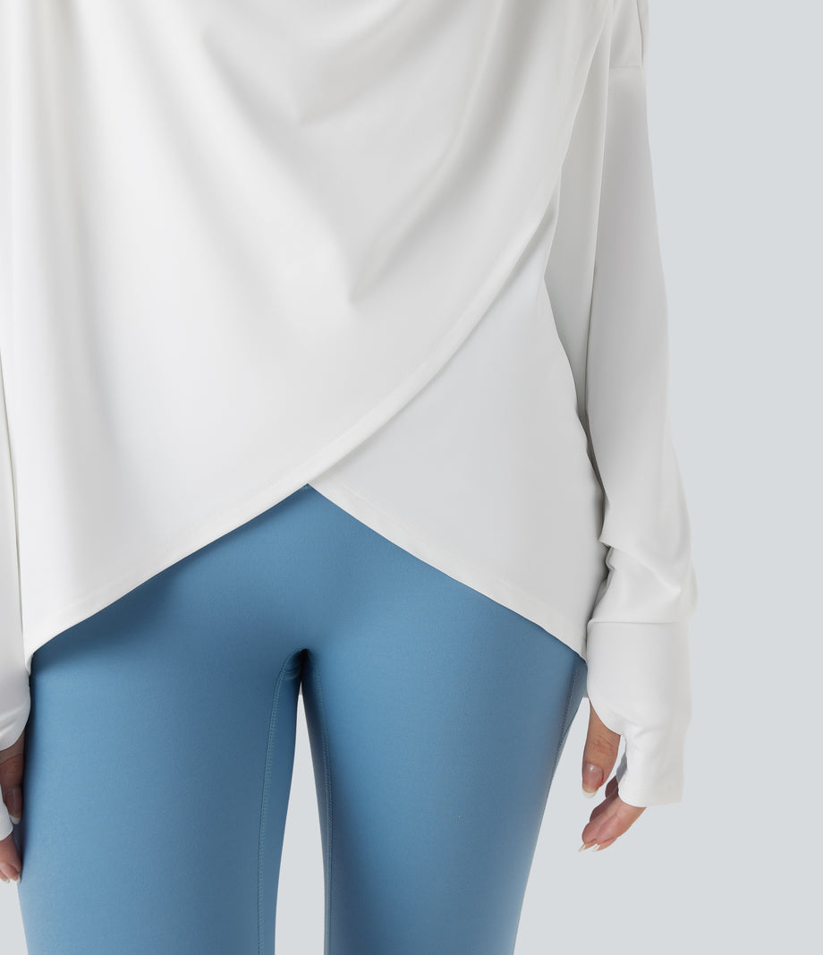 Hooded Cowl Neck Long Sleeve Thumb Hole Yoga Sports Top with Pockets - White