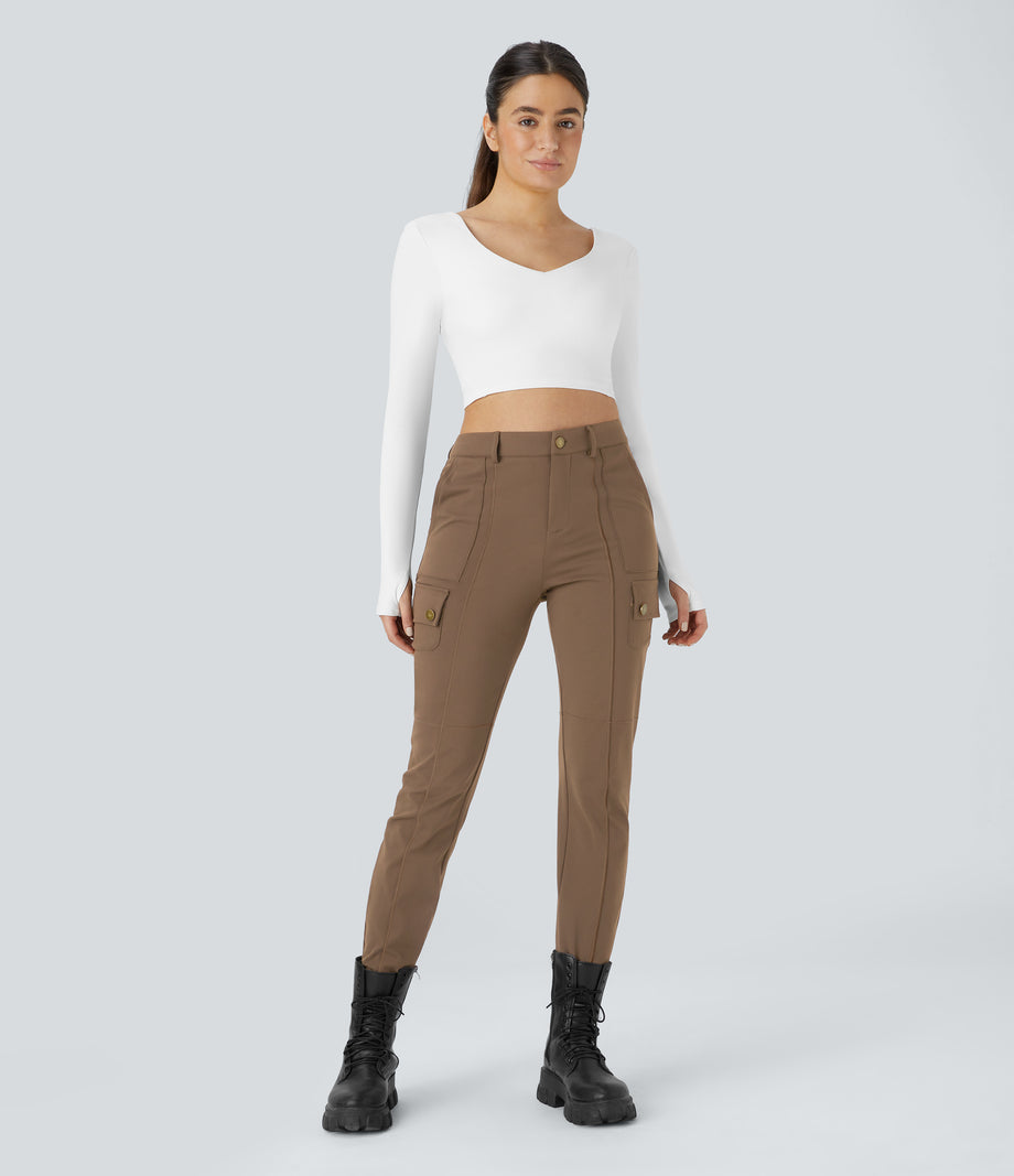 DayStretch High Waisted Zipper Pockets Solid Skinny Cargo Pants - Burro