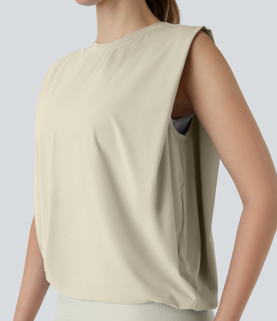Round Neck Ruched Cool Touch Yoga Tank Top-UPF50+ - Almond Milk