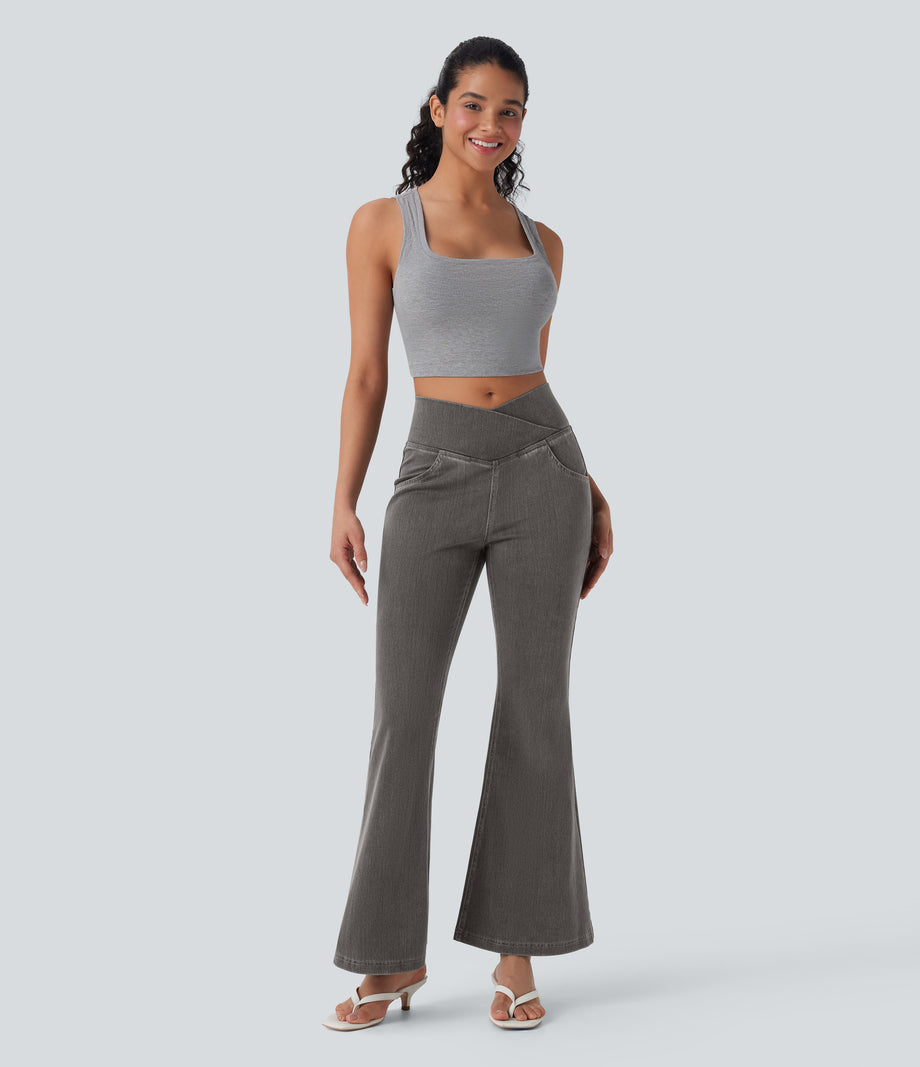 Halara Flex™ High Waisted Crossover Pocket Washed Casual Jeans - Iron Gate Denim