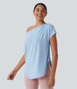 One Shoulder Short Sleeve Curved Hem High Low Quick Dry Yoga Sports Top - Angel Falls
