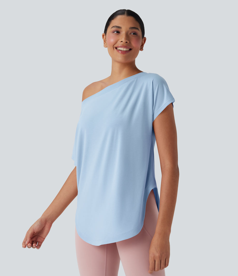 One Shoulder Short Sleeve Curved Hem High Low Quick Dry Yoga Sports Top - Angel Falls