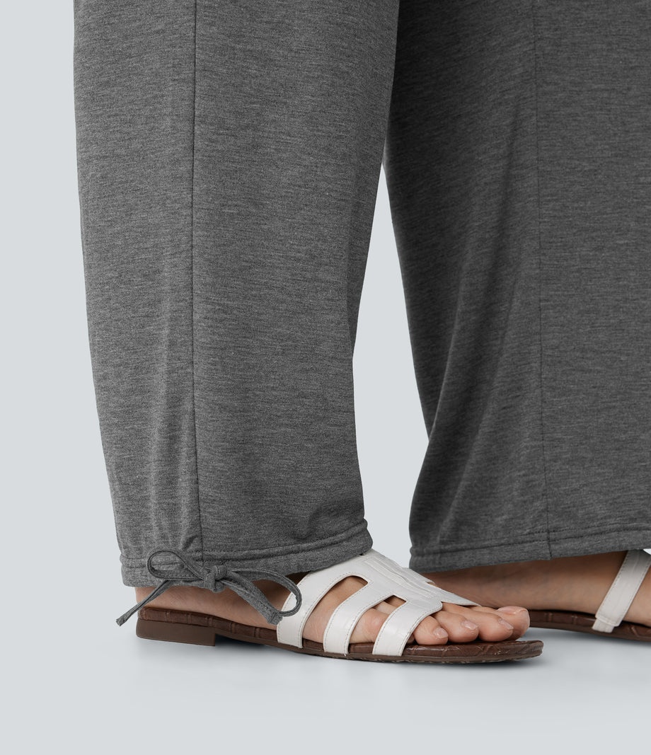 Crossover High Waisted Pocket Drawstring Casual Joggers - Darl Gray Floral Yarn