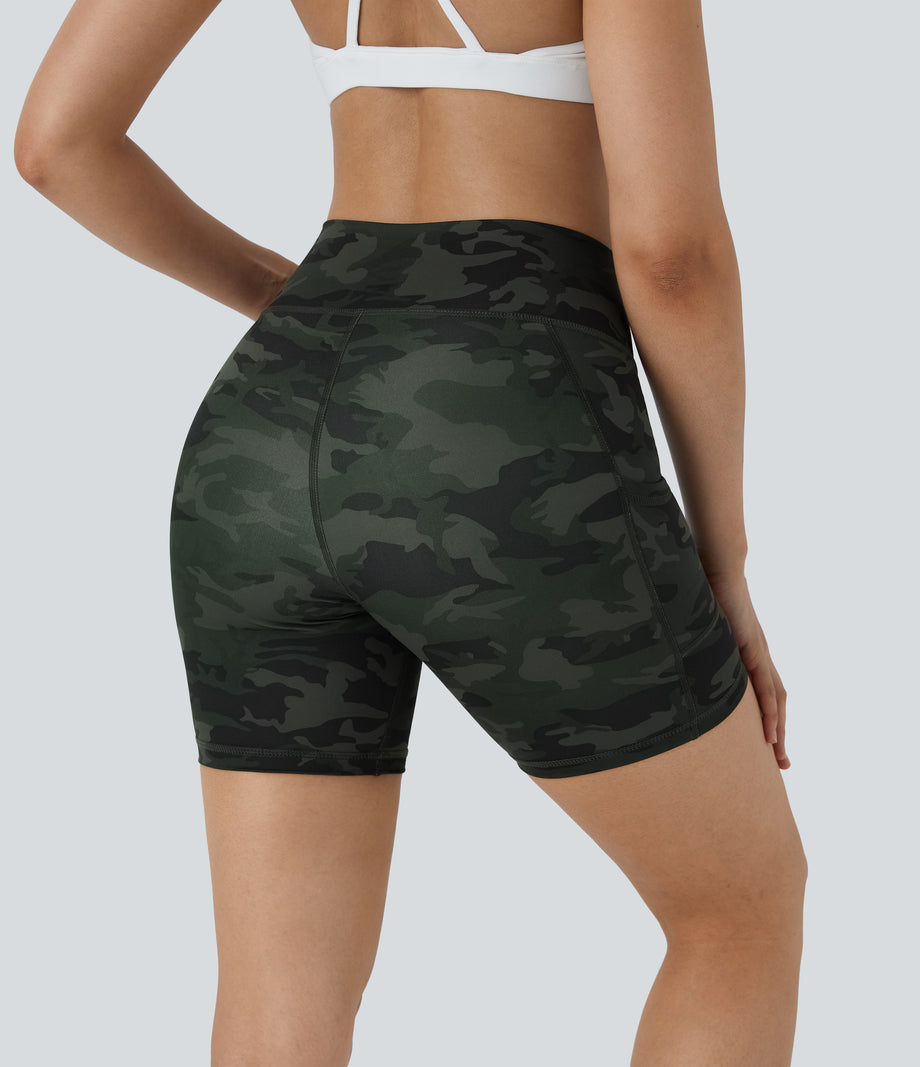 High Waisted Pocket Running Biker Shorts - Green Camo